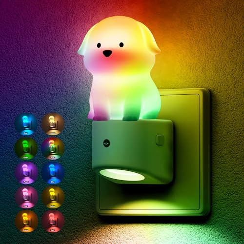 JandCase LED Nachtlicht Steckdose mit Dämmerungssensor, 3D Niedliches Hunde | Nachtlicht mit RGB Farbwechsel, Warmweiß, Nachtlampe für Kinderzimmer, Flur, Treppenhaus, Schlafzimmer