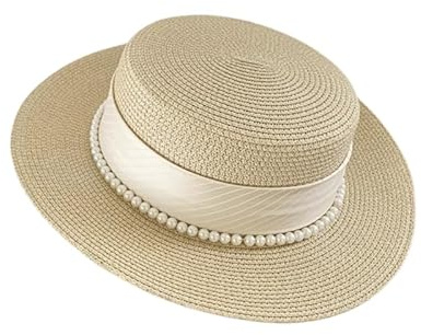 PQCHAOQ Pearl Straw Boater Hat Elegant Flat Top Sun Hat for Wedding Guest Garden Party Chic Exquisite 56-58cm Adjustable Races Ready