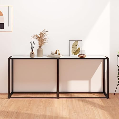 faucqel Table console blanche aspect marbre - 180 x 35 x 75,5 cm - En verre trempé avec structure en acier revêtu par pulvérisation - Support mural - Table d'appoint - Table basse