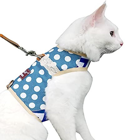 Yizhi Miaow Katzengeschirr und Leine zum Spazierengehen, ausbruchsicher, verstellbares Katzengeschirr, gepolstert, stilvolle Katzen-Wanderjacken, gepunktet, Größe XS