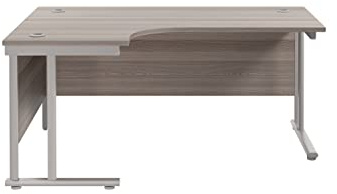 Office Hippo Large Corner L Shaped Office Desk 160 x 120cm With Integrated Cable Ports, For Work, Study and Gaming, Grey Oak Top, Silver Frame