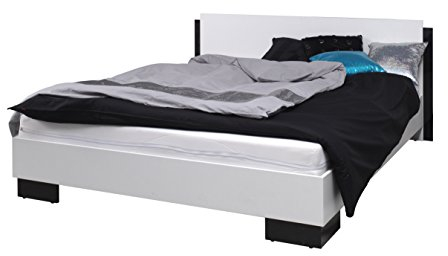 mb-moebel Bett 160 cm x 200 cm Doppelbett Bettgestell mit Lattenrost MAXI (Weiß + Schwarz Hochglanz)