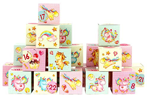 Papierdrachen DIY Adventskalender zum Befüllen - Kisten Set - Motiv bunte Einhörner in rosa - 24 bunte Schachteln aus Karton zum Aufstellen und zum Befüllen - 24 Boxen - Weihnachten