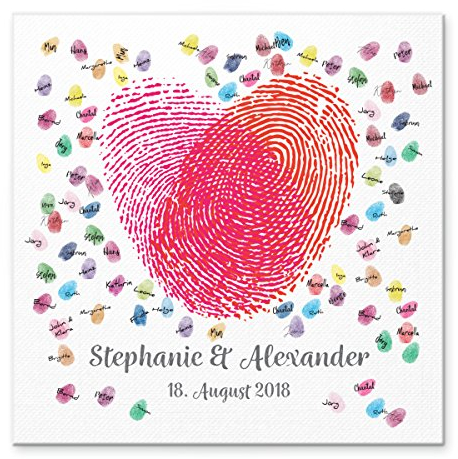 Madyes Leinwand Hochzeit Fingerabdruck Gästebuch personalisiert Liebeslied für das Brautpaar als Geschenk, Hochzeitsdekoration, Namen mit Datum. 50x50 cm groß auf Keilrahmen Holz