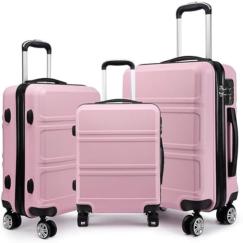 KONO Set di Valigie da 3 Pezzi Valigia Rigida Materiale ABS Leggero e Resistente con 4 Ruote Rotanti Valigia da 20'' 24'' 28'' (Rosa)