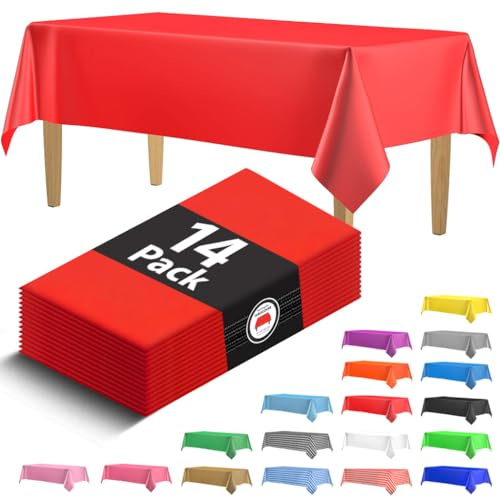 HSGUS Paquete de 14 manteles Desechables de plástico, 54 x 108 Pulgadas, manteles rectangulares de plástico, Colores, Rojo, Azul, Negro, Blanco, Verde, Dorado, Rosa, Uso en Interiores o