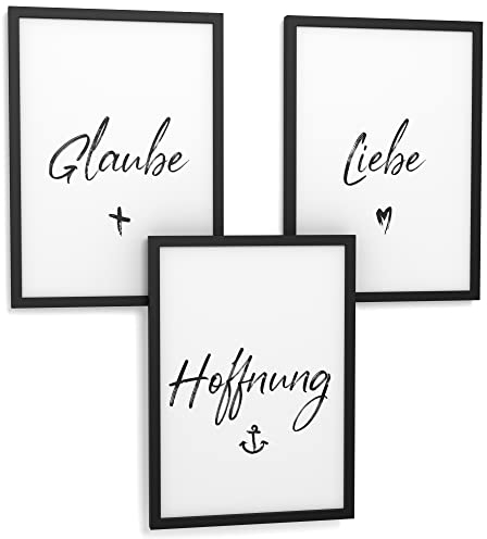 Papierschmiede® Spruch Poster 3er Set DIN A4 (21x30 cm) Glaube Liebe Hoffnung, Typografie Bilder Wohnzimmer Schlafzimmer ohne Rahmen