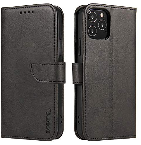 LOLFZ Wallet Case for iPhone 12 Mini, Vintage Leather Book Case with Card Holder Kickstand Magnetic Closure Flip Case Cover for iPhone 12 Mini 5.4 inch - Black