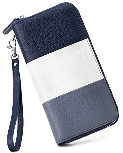 Moflycom Damen-Geldbörse, RFID-blockierend, echtes Leder, mehrere Kreditkarten, große Kapazität, Reißverschluss, Clutch, Reise-Geldbörse, Handgelenk, Blau/Weiß/Jeansblau, Large, RFID-Geldbörse