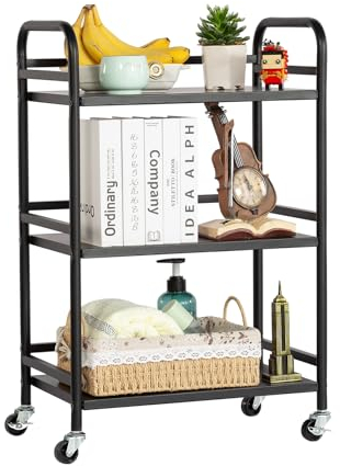 HDANI 3-Tier Rolling Cart,Kitchen Storage Trolley Car,Metal Utility Shelves with 2 Lockable Wheels for Home,Office,Bathroom,Bedroom (Black, 48×30×75cm)
