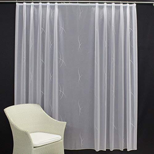 EASYHomefashion Hochwertige Gardine Fertiggardine Voile Store Schal mit Stickerei Faltenband und Bleiband weiß Milano 200 x 450 cm (HöhexBreite)