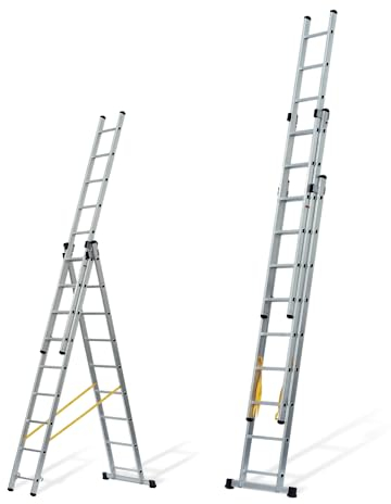 VITO 3-teilige Alu-Kombileiter 4.77m, Anlegeleiter 6.03m, Schiebeleiter 3x9 rutschfeste 4-eckige Sprossen belastbar bis 150 kg, Aluleiter VIETQ25 Made in Europe, Leiter EN131 rostfrei, Alu-Silber