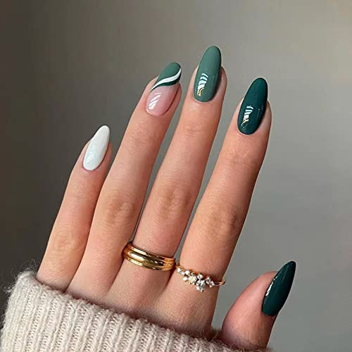 JUSTOTRY 24 Pcs Almond Fake Nails Short, Dark Green and White Swirl Stick on Nails with Designs, Nude French False Nails Short, Oval Press on Nail for Women