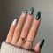 JUSTOTRY 24 Pcs Almond Fake Nails Short, Dark Green and White Swirl Stick on Nails with Designs, Nude French False Nails Short, Oval Press on Nail for Women