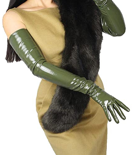DooWay Damen Handschuhe aus Leder, extra lang, Wet-Optik, Kunstlack, PU, für Abendveranstaltungen, Opernball, Kostümpartys, 70 cm, Olivgrün, Olivgrün, 70 cm, 85