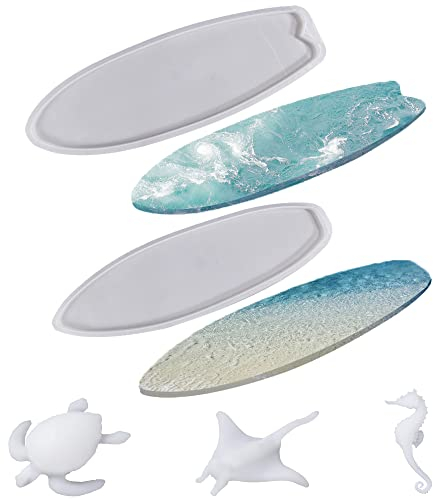 Cayway Surfboard Resin Tray Molds, 2 Style Surf Board Resin Epoxy Molds Silicone Large Resin Tray Molds with Fish Turtle Seahorse Resin Mould Filler for DIY Resin Ocean Waves Art, Serving Tray
