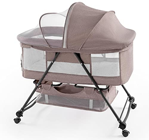 Carvapet Baby Beistellbett Reisebett Babybett mit Matratze, Atmungsaktives Moskitonetz, Seitennetz, Aufbewahrungskorb, Kleinkinder Klappbett 0-6 Monate, 4 Rollen (Khaki)