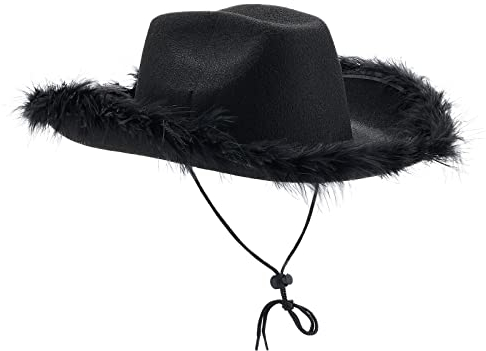 Aunaeyw Cowboyhut für Damen Mit Flauschiger Federkrempe - für Saumparty, Urlaub, Kostümparty, Spielen, Halloween, Cosplay - Schwarz01, Einheitsgröße