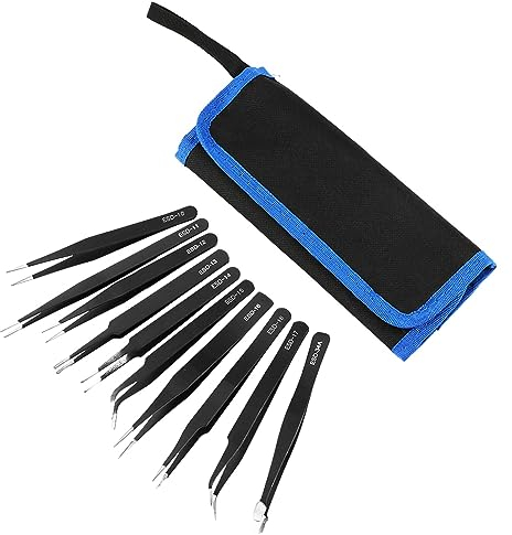 Alicer Juego de pinzas, pinzas de precisión antiestáticas de acero inoxidable, pinzas para modelismo, pinzas para reparaciones electrónicas, joyas, trabajo de precisión (negro + plata)