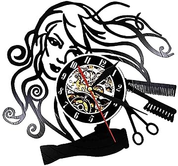 rongweiwang Handgefertigte Schwarze Gummi Wanduhr, Friseur Geschenk für Frauen im Salon, robuste Schönheitssalon Schallplatten Wanduhr, mit Lichtern