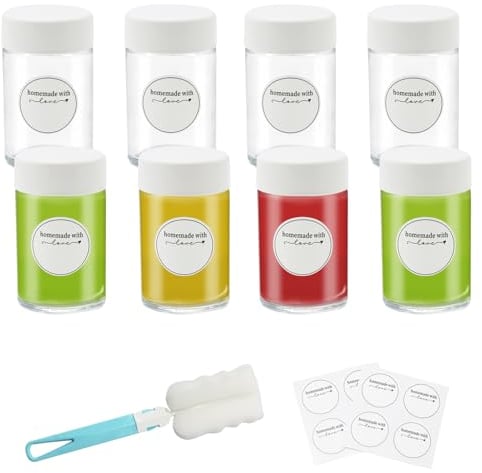 ICEBLUEOR 8 PCS 60ml/2oz Glass Shot Bottles with Lids, Reusable Small Glass Bottles with Labels and Brush, Ginger Shot Bottles, Mini Glass Jars for Juice Ginger Wellness Shot Sample
