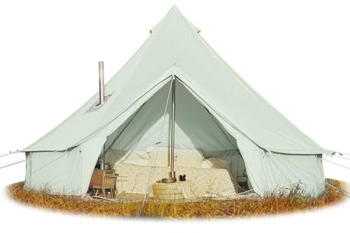 Cotton Canvas Bell Tent - Glamping Yurt with Stove Jack, Waterproof and Breathable, 4 Season Tent with Removable Floor (Pea Green, 5M Diameter)