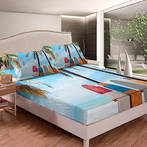 Surfbrett Spannbettlaken 160x200 cm, Weiches Mikrofaser Bettlaken Spannbetttuch für Kinder Erwachsene, 3D Surfbrett Bettlaken - Tiefe Tasche 30 cm Mit 1 Kissenbezügen,A2399