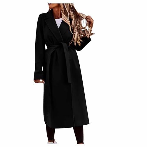Wollmantel Damen Lange Winterjacke Elegant Einfarbig Trenchcoat Langarm Reverskragen Jacke Dicke Warme Wolljacke Windbreaker mit Verstellbarer Gürtel Locker Wintermantel Windjacke Mantel Outwear