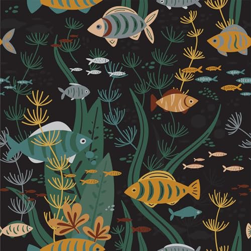 VaryStyle Ocean Fish Wallpaper Underwater World Seagrass/Coral/Fish Peel and Stick Wallpaper Coastal Cartoon Contact Paper for Cabinets Walls 17.7x118 Removable Dark Wallpaper for Kids Room Bathroom