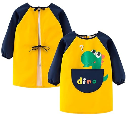PFSVZN Dinosaurier Malschürze Kinder, Malkittel Kinder 3 Jahre, Wasserdichte Bastelschürze für Kinder Mädchen/Jungen 3-8 Jahre, Bastelschürze mit Ärmeln und großer Tasche für Schule Kunst Malerei