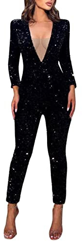 Jumpsuits für Damen V-Ausschnitt Pailletten Overall Hosenanzug Langarm Taschen Overall Festlich Jumpsuits Einteiler Outfits Overalls für Frauen Elegant Jumpsuit Hosenanzug Business Playsuit