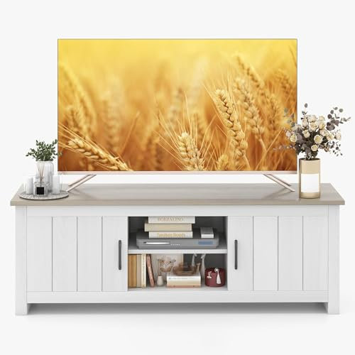 GYMAX Mueble TV de hasta 65 Pulgadas, Mesa Television de Madera con 2 Armarios y Estantes Abiertos, Mueble Bajo TV con Puertas para Salón y Dormitorio, 145 x 40 x 50 cm (Blanco+Gris)