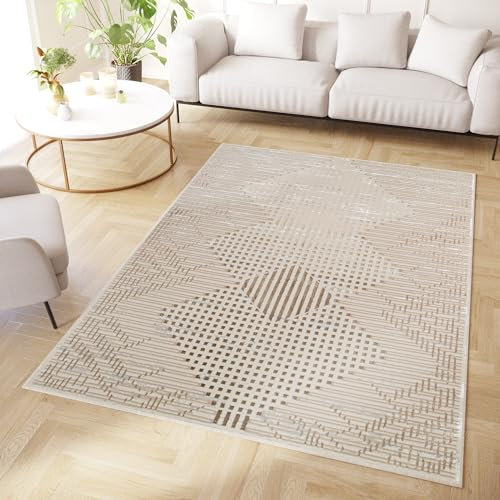TAPISO Crystal Teppich Wohnzimmer Kurzflor Braun Beige Glänzend Diamant Geometrisch Linien 3D Effekt Modern Design Schlafzimmer ÖKO-TEX 200 x 300 cm