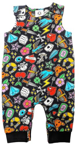 Baby Moo's UK Tattoo Romper | Unisex Cool Traditional Flash Sleeveless Dungarees Outfits - Alternative Rock n Roll Shower Gifts (6-12 Months)