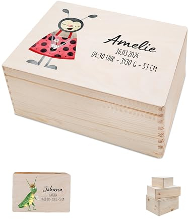 Bärenfreunde - Personalisierte Erinnerungsbox Baby mit Spezial-Druck - Individuelle Baby Erinnerungsbox - Erinnerungskiste aus Holz - Geschenk zur Geburt (M | Klappdeckel,Marienkäfer)
