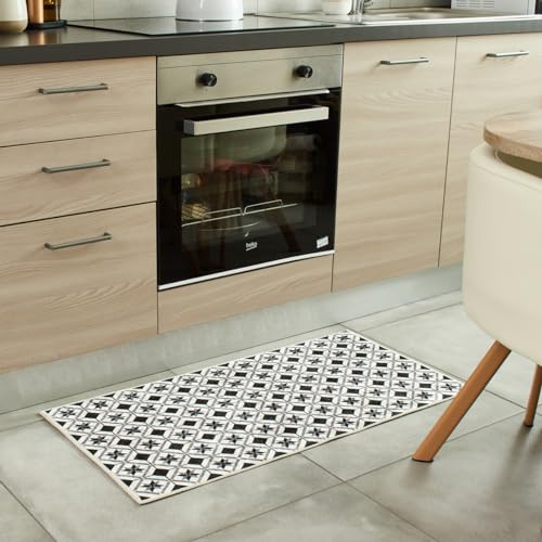 Atout Ciel Tapis de Cuisine Rectangulaire Motifs Carreaux de Ciment, 50 X 100cm, Noir et Blanc