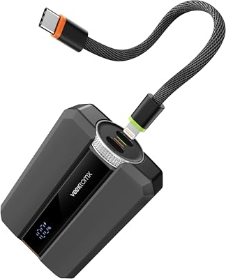 VEEKTOMX PD 30W Power Bank Carga Rápida 10000mAh, Compacto Bateria Portatil con Cable USB C Integrado Desmontable, Mini Batería Externa Universal Compatible con iPhone 15/14/Samsung/MacBook (Gris)