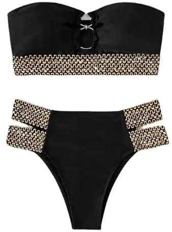 Bikini Badeanzug Damen Damen-Badeanzüge-Ring Verbindung Schulter Frei Bikini-Set Bandeau Mit Hoher Taille Slips Bademode Strand Kleidung L Schwarz