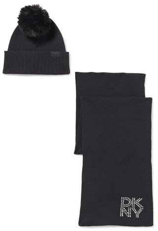 DKNY Damen Cold Weather Faux Fur Pom Stud Box Set (Hat, Scarf) Modischer Schal, Schwarz, Einheitsgröße