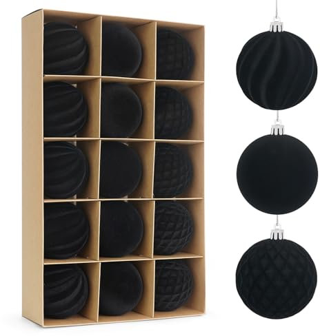 Artmag 15 Pcs Velvet Christmas Balls Hanging Ornaments Set, Shatterproof Plastic Flocked Christmas Tree Balls Xmas Decorations Festival Holiday Party Decor (Black,3.15 Inch)