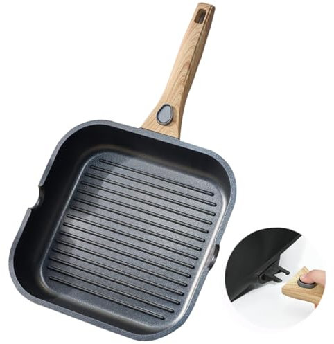 24cm Nonstick Square Grill Pan for Stove Tops, Detachable Handle Griddle Pan,9.5inch Remove Handle Grill Pan with Pour for Cooking,Induction,Gas,Non Toxic,PFOA Free(Square Detachable Handle)