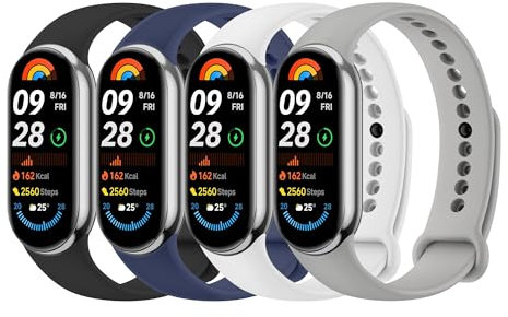 Amzpas 4Stück Armband für Xiaomi Smart Band 9/10/8 Armband Damen Herren,Neues Silikon Sport Ersatzarmbänder Uhrenarmband für Xiaomi Mi Band 10/9/8(Schwarz/Blau/Grau/Weiss)