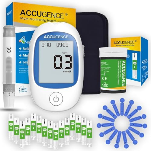 ACCUGENCE Monitor de Cetonas con 15 tiras de prueba de cetonas, 15 lancetas, medidor multifunción 3 en 1 para ácido úrico, glucosa y cetonas