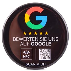 Google Bewertung NFC Sticker, Epoxy, 75 mm, fertig eingerichtet, mit NFC und QR-Code für einfache Kundenbewertungen, für metallische Oberflächen geeignet, Google Bewertung NFC Aufkleber (Schwarz)