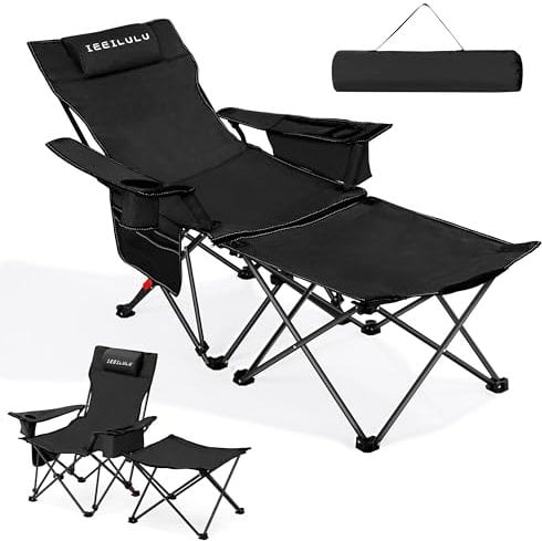 IEEILULU Campingstuhl Faltbar, Liegestuhl Klappbar Camping, 2 in 1 Campingstuhl Belastbar 130 kg, Angelstuhl Faltbar, Liegestuhl Outdoor mit Getränkehalter Seitentasche Kühltasche (Schwarz)