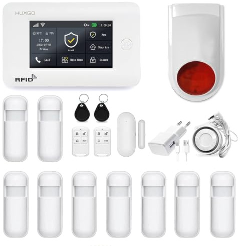 HUXGO HXA006 Funk Alarmanlage WiFi + GSM Modul mit 9X Bewegungssensoren und Funk Solarsirene-Alarmanlage Wohnung Garage - Funk Bewegungsmelder mit Empfänger