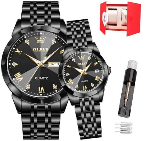 OLEVS Valentines Paar Quarzuhren, 3 ATM wasserdicht, leuchtender Kalender, Datum, lässige Edelstahl-Armbanduhr für Sie und Ihn, für Männer, Frauen, Liebhaber, Hochzeit, 9931, Schwarz, 1 Paar, Modern