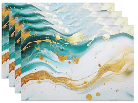 MIRRORANG Grün-Gold-Marmor-Tischsets, 4 Stück, 45 x 30 cm, abstrakt, weiß-goldfarben, Punkte, grüne Textur, maschinenwaschbar, langlebig, Platzsets für Küche, Esszimmer, moderne Kunst, inspirierte