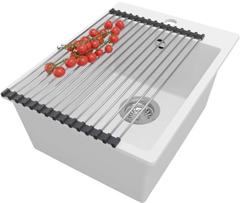 PRIMAGRAN Fregadero Cocina Blanco 38x50cm, Granito 1 Seno + Sifón + Enrollable Escurridor, Sobre encimera al mueble 40cm - Riga