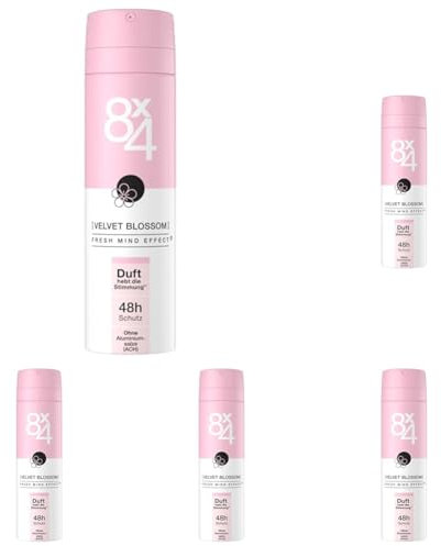 8X4 Velvet Blossom Deospray, Deodorant mit floral-fruchtigem Duft, erfrischendes Deo ohne Aluminium (ACH) mit 48h zuverlässigem Schutz (150 ml) (Packung mit 5)